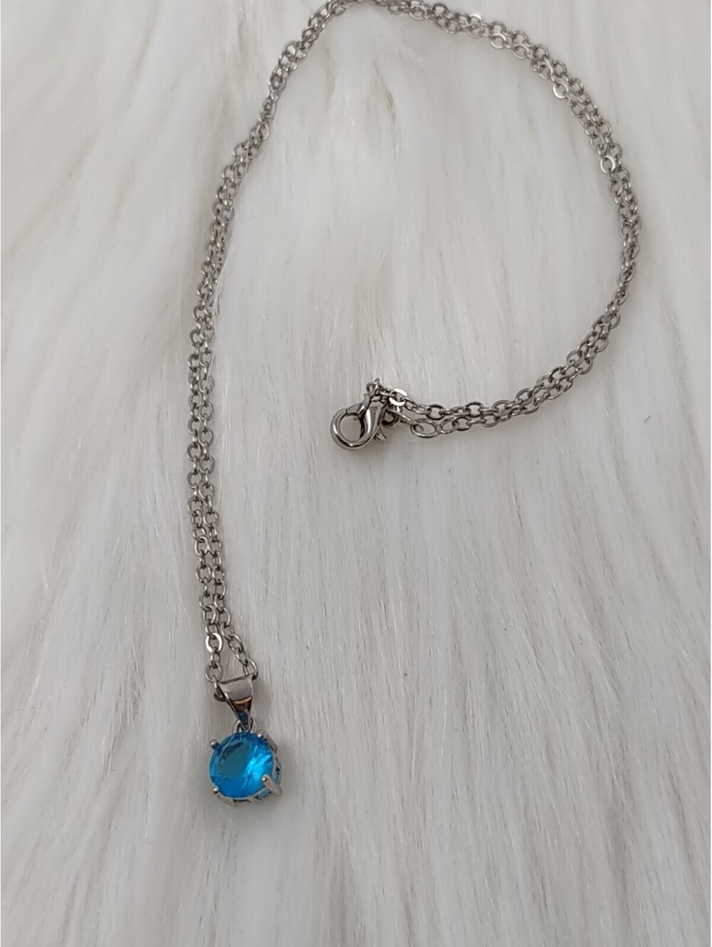 Sterling Silver Blue CZ Solitaire Pendant Necklace 17" 925